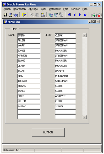 Oracle Developer Forms Fenster mit Liste und Button